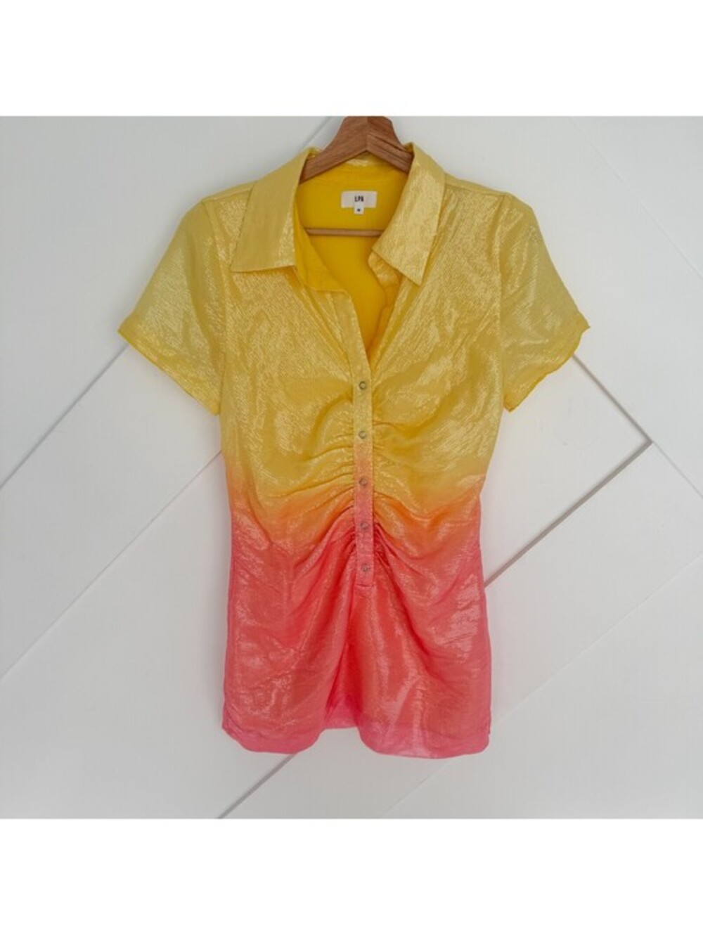 LPA Yellow Pink Ombre Sunrise Sunshine Sequin Ruched Shirt Vacation Dress Size M